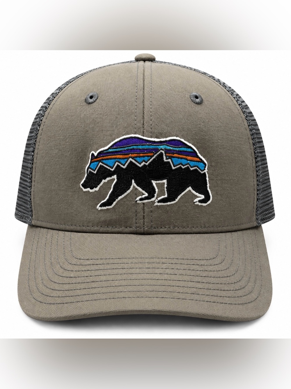 Patagonia Fitz Roy Bear Trucker Hat Gray Mesh Snapback Organic Cotton Cap OS
